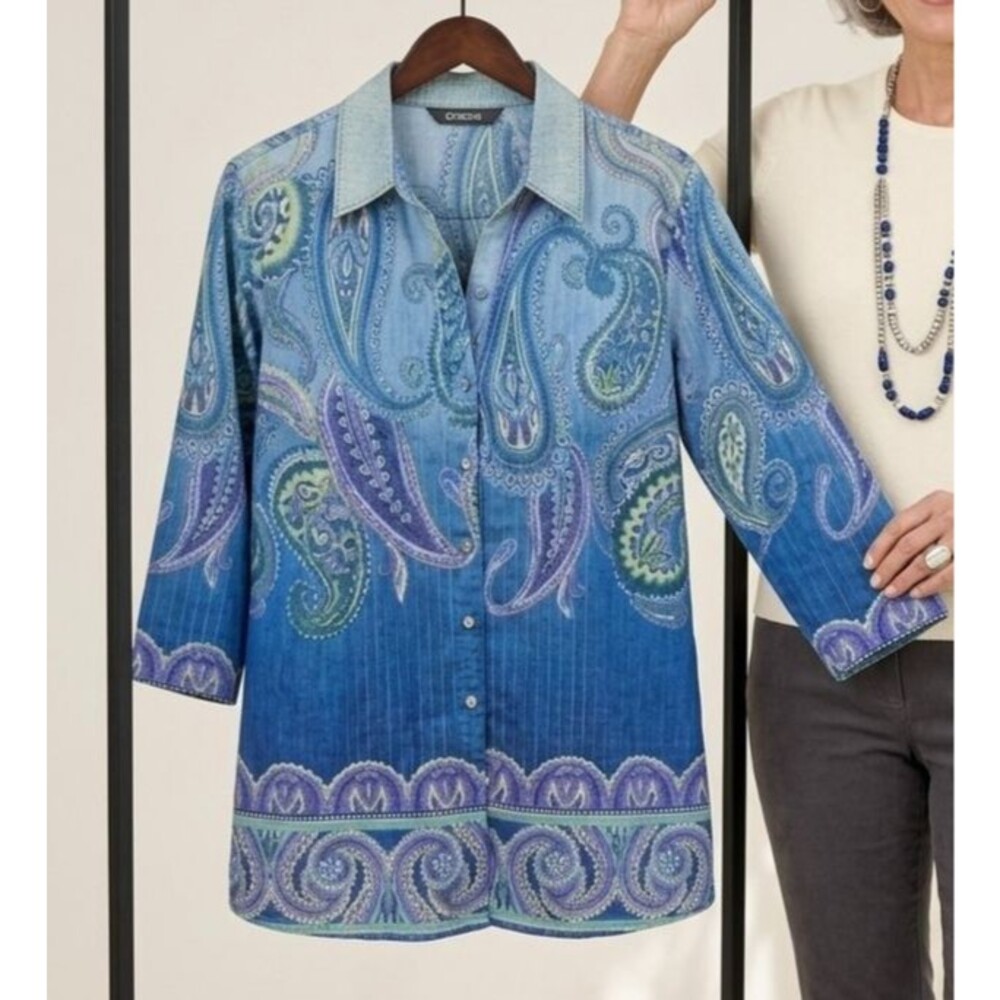 Chico's Women's Indigo Blue Paisley Tunic Shirt Size 3 Button-up Cotton Metallic
